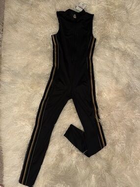 Black Sleeveless Jumpsuit with Gold Side Stripes